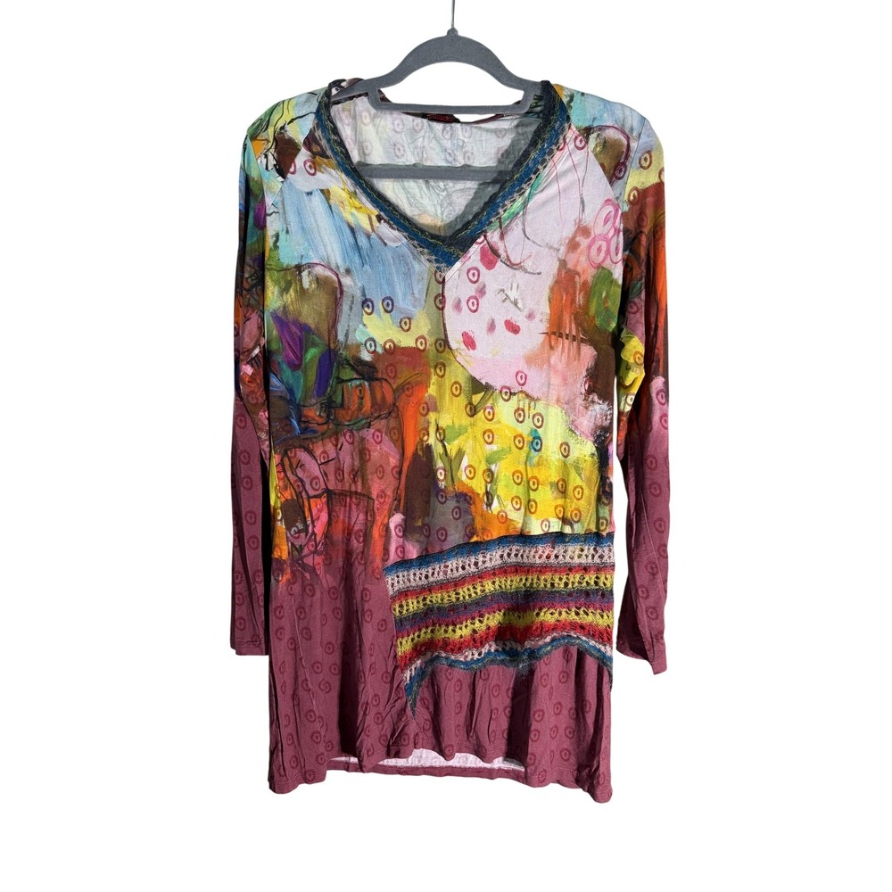 Aventures Des Toiles Abstract Art Print‎ Tunic Top V-Neck Mixed Media Size 42